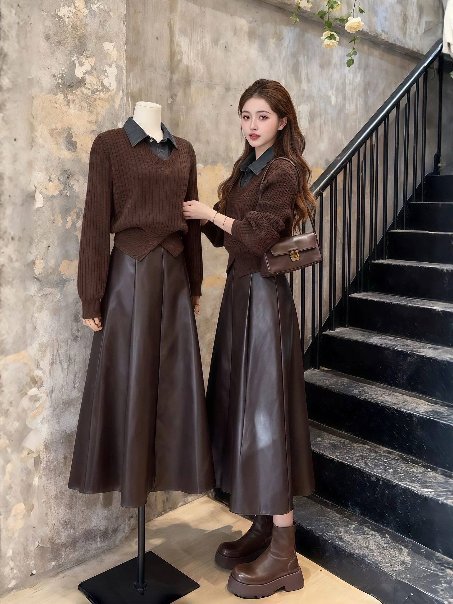 

Winter Fashion plus Size Knitted Sweater And PU Skirt Set Women's Casual Style High Waist Skirt Loose Fit Long Sleeve Set