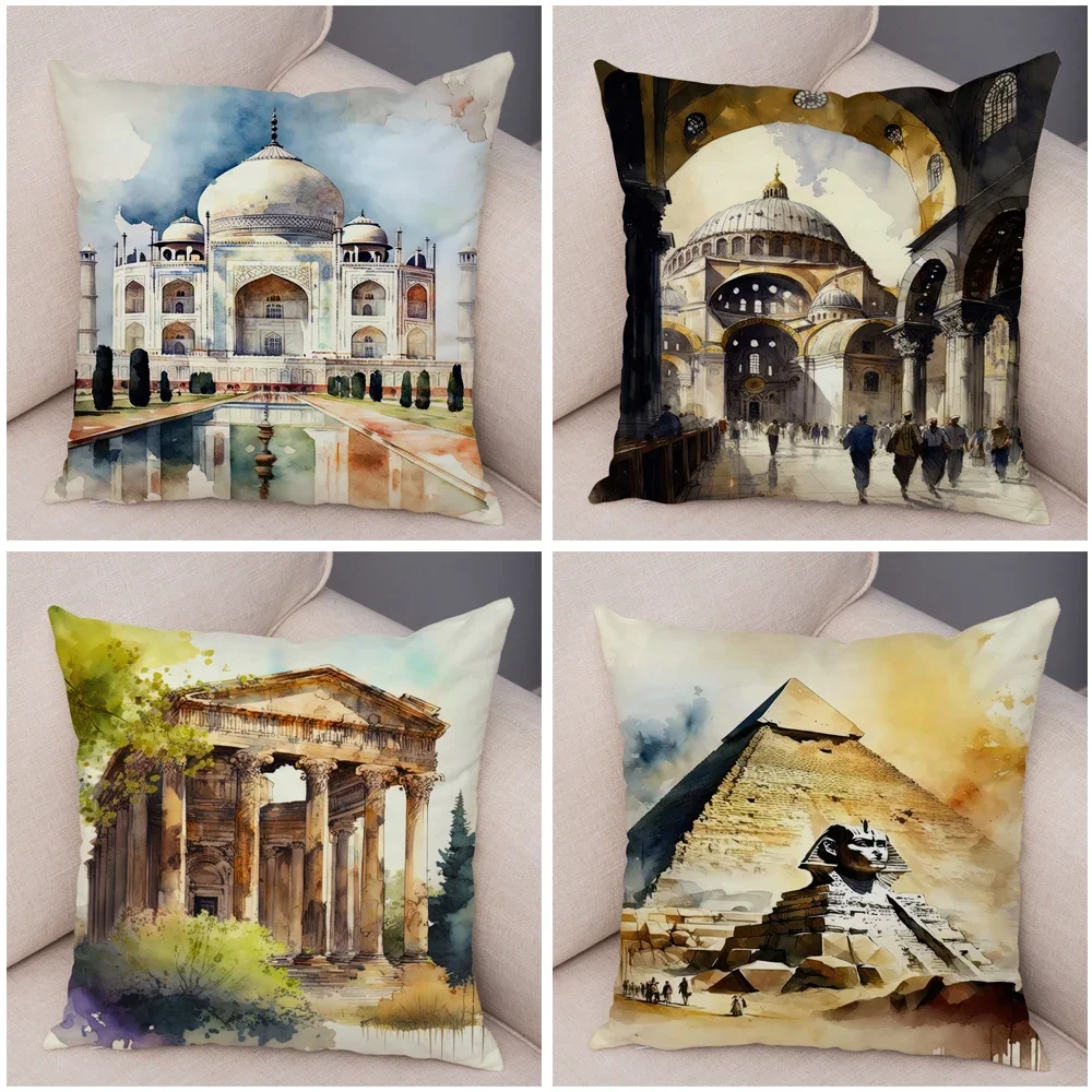 Vintage World Building Roman Pillowcase Double Print Decor Ancient City Pillow Case for Sofa Home Car Short Plush Cushion Cover