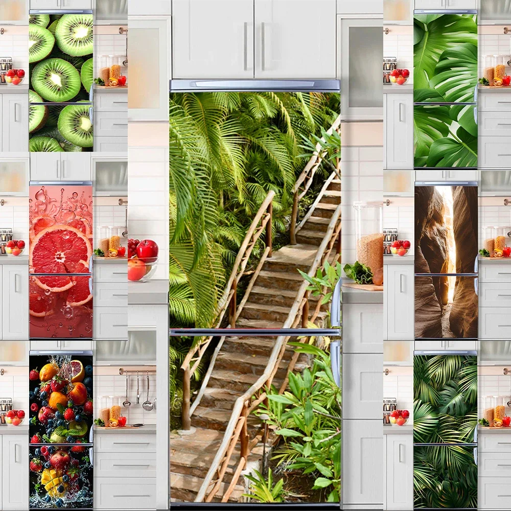 

Jungle Stairway Mural Fridge Door Wrap Cover Kitchen Waterproof PVC Decoration Splash Fruit Refrigerator Door Decals Poster