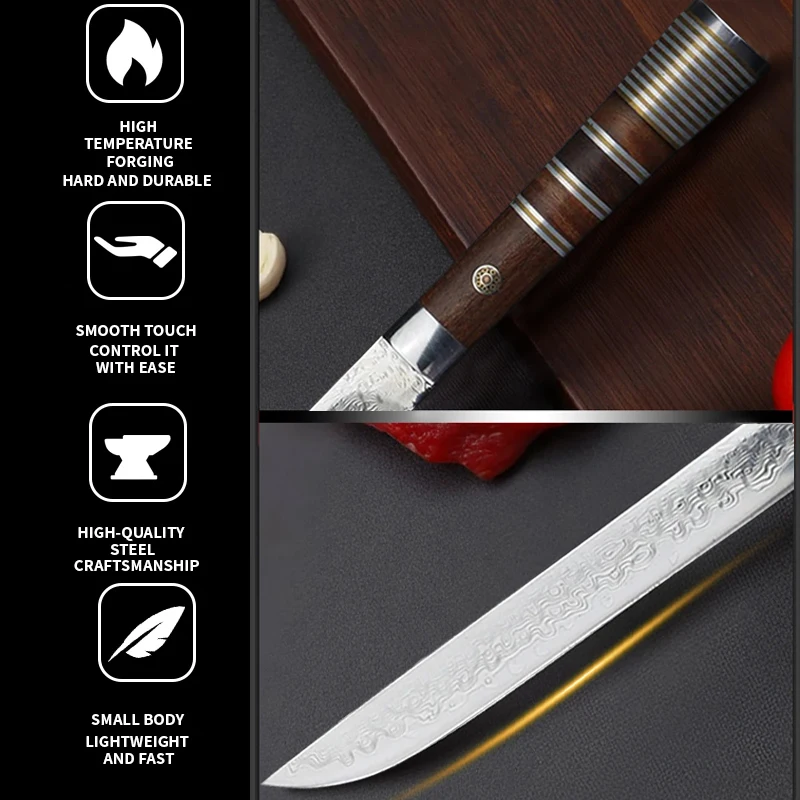 Damascus steel kitchen knife - Japanese-style sushi chef's knife with wooden handle, sharp cutting edge and leather knife sheath
