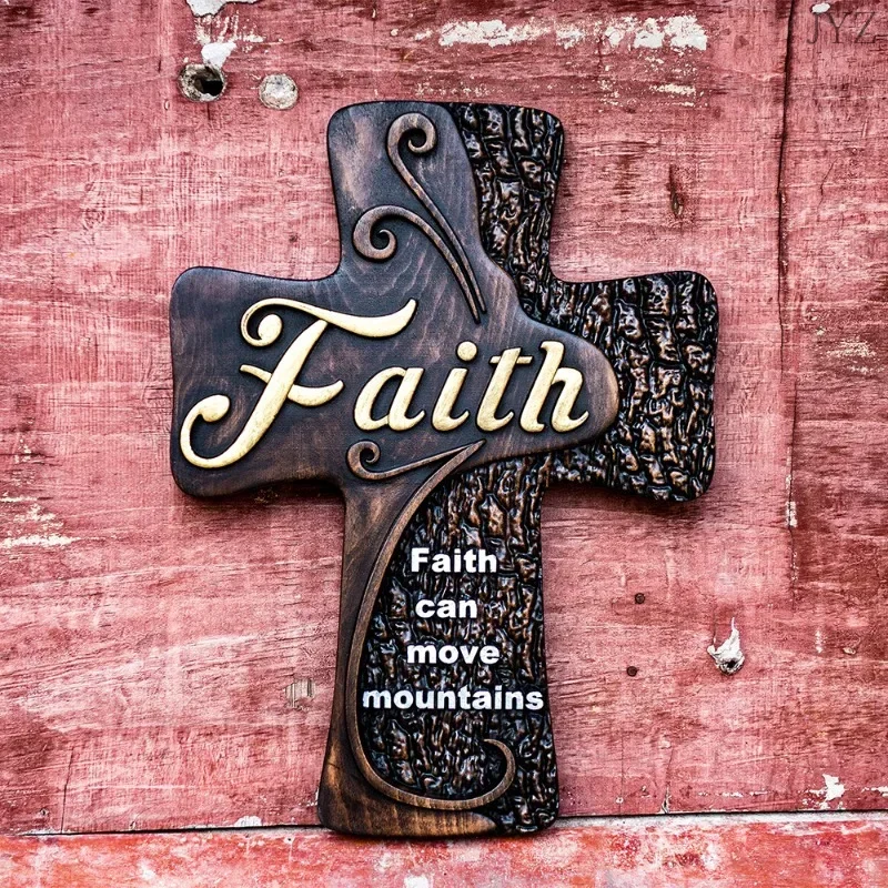 Vintage Carved Faith Wood Cross Decoration, Spiritual Wall Sign Tabletop Gift