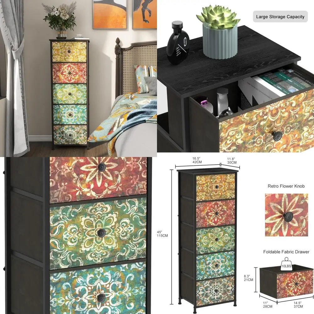 

Boho Mandala 5-Drawer Dresser for Small Spaces: Chic Storage Tower with Fabric Drawers for Bedroom or Living Room