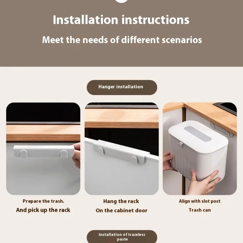 Tempat Sampah Dinding PP Tanpa Paku dengan Tutup, Model Tabung, untuk Dapur, Rumah Tangga, dengan Pegangan dan Tutup Dua Arah