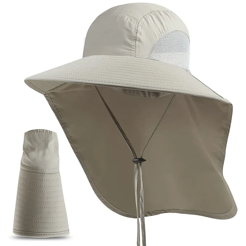 Outdoor Fisherman Hat Wide Brim Bucket Hat with Neck Cover Men Summer Breathable Mesh Sun Protection Visor Anti UV Cap Unisex