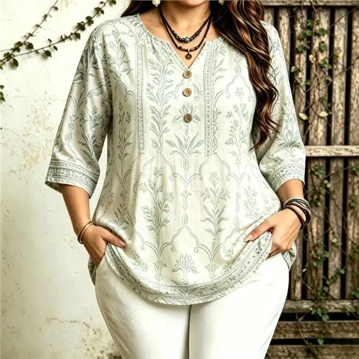 Women Vintage Arch Frame Floral All‑Over Print Blouse For Curvy Figures Notched Neck 3/4 Sleeve Loose Casual Ladies Tops