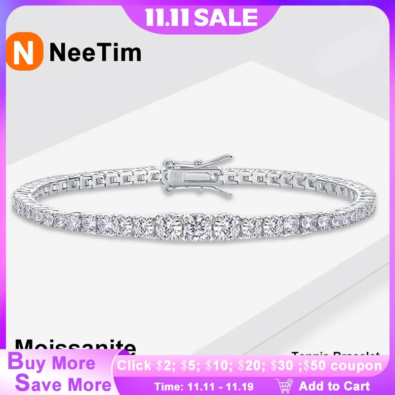 

NeeTim D VVS1 Теннисный браслет с градиентом из муассанита, стерлинговое серебро S925 с покрытием из белого золота, браслеты для женщин и мужчин