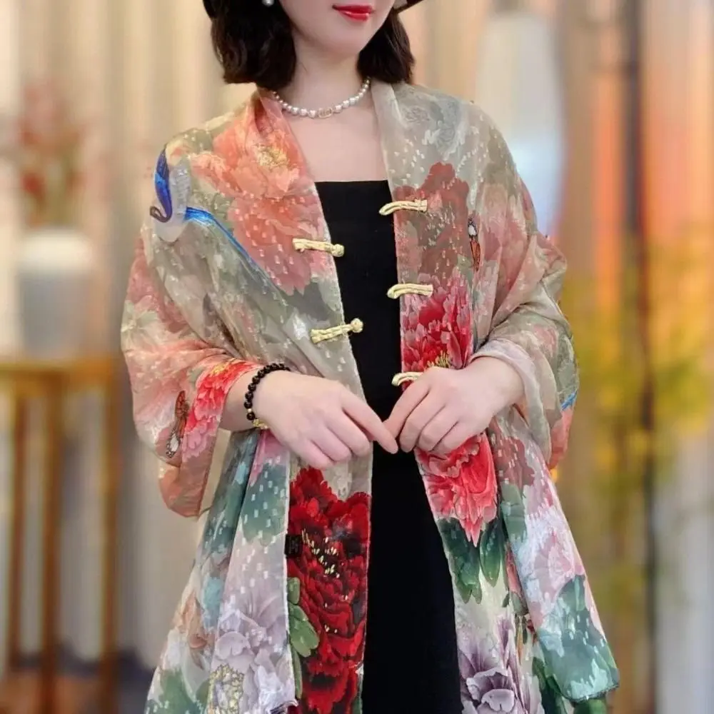 

Retro Style Buckle Printed Shawl Flower High-End Feeling Travel Photography Scarf Fashionable Chinese-style Tudung Scarf Women