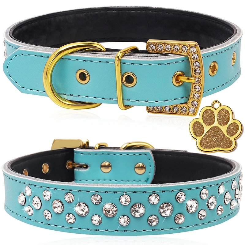 

Bling Rhinestone Collars with Tag for Pets, Leather Collar for Puppy and Kitten, Walk Leash Lead for Small and Medium Dogs and C