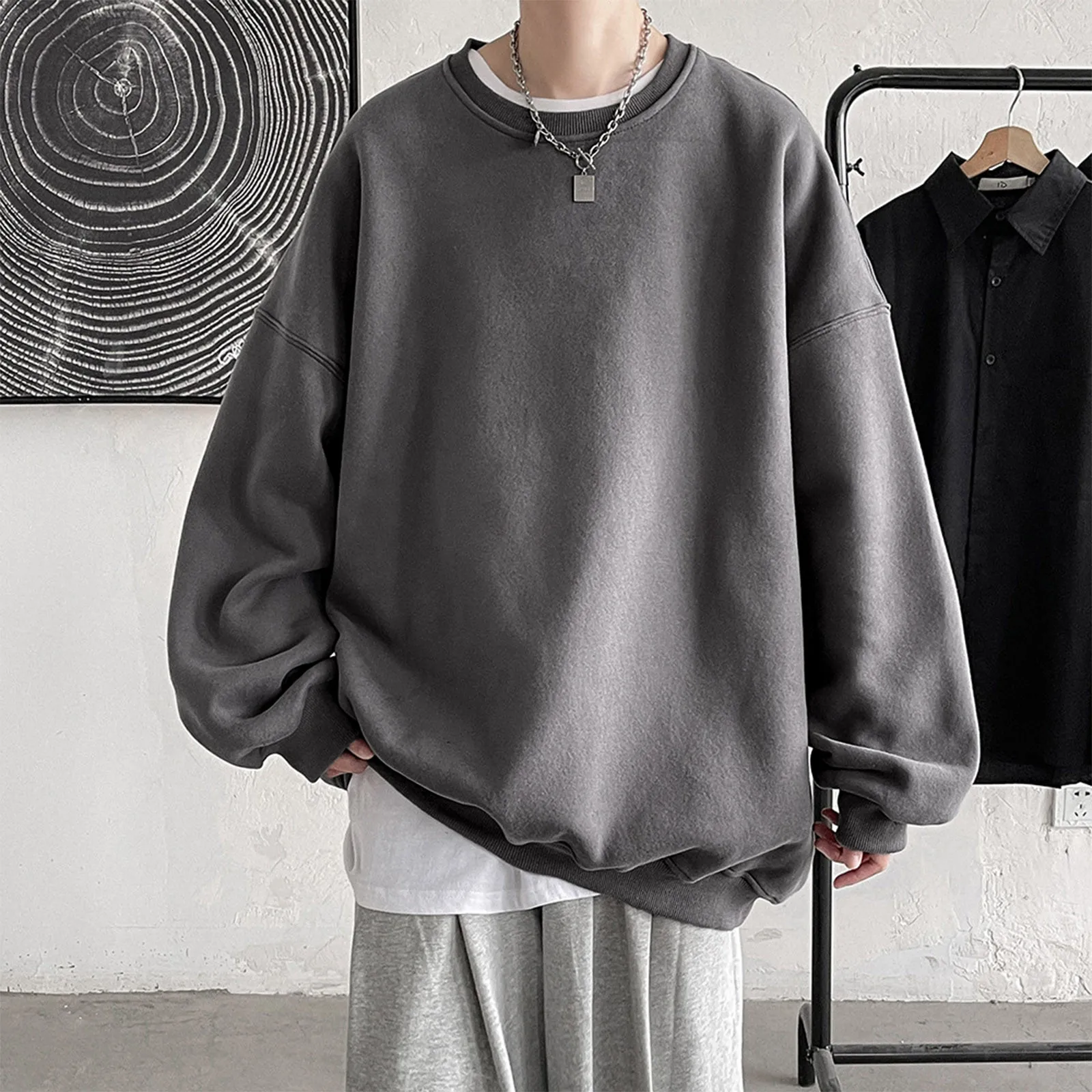 Harajuku Sweatshirts Men's 2023 Autumn Korean Solid Color Fleece Oversized Pullovers Casual O Neck Basic Tops Hip Hop Streetwear