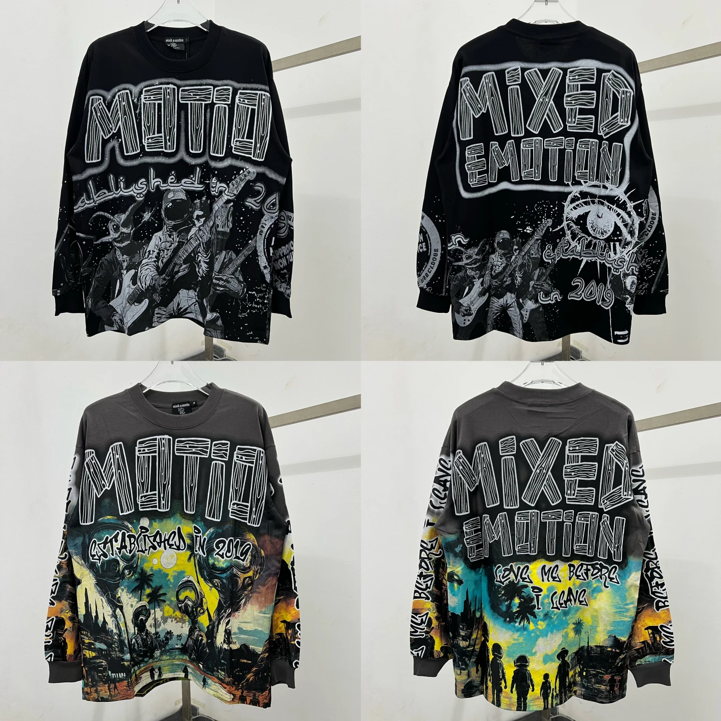 

Mixed Emotion American Sle Worn-In Astronaut Print Long Sve T-irt ex Loose Fit Cotton Base irt Casual Youth Trend