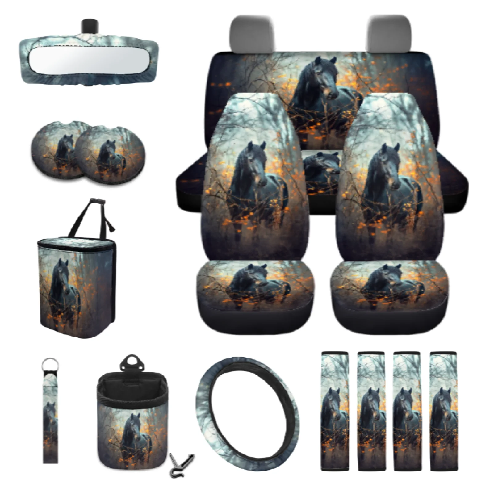 Coloranimal Black Horse Autumn 15PCS with Easy to Install Car Steering Wheel Cover and Car Trash Can for Auto