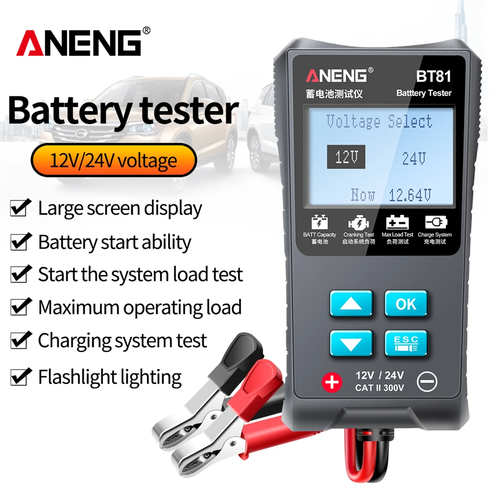 ANENG BT81 Car Battery Tester 12V/24V 100 to 1700CCA Cranking Charging Circut Tester Battery Analyzer 12/24 Volts Battery Tools