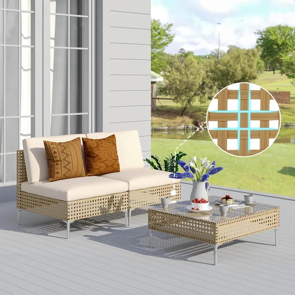 

3-Piece Wicker Patio Furniture Set, Outdoor Sectional Sofa with Water Resistant Beige Thick Cushions and Coffee Table