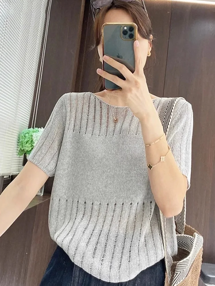 

Ele Hollow out Ice Silk Knitted Top ort Sve Women's Faionable Summer irt Korean Sle Straight Cut Silk Blend