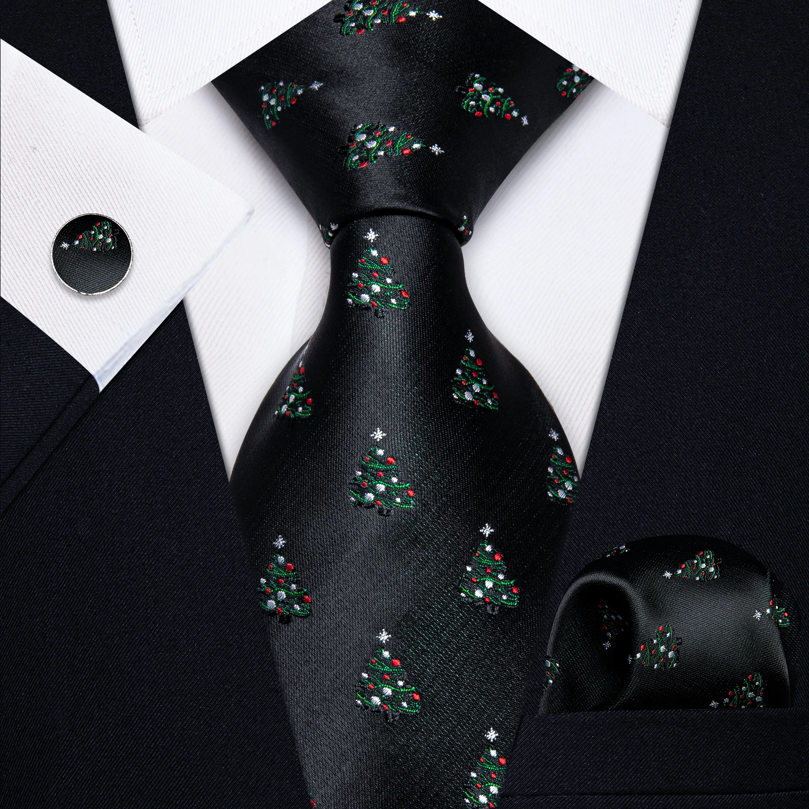 Fashion Christmas Party Black Tie for Man Party Luxury 8 CM Green Christmas Tree Pattern Pocket Square Cufflinks for Man Necktie