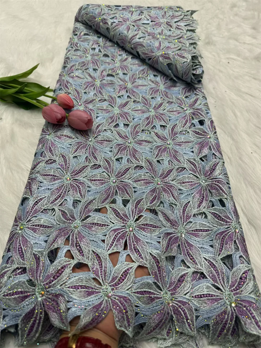 Luxury Colorful Cord lace Nigerian Water Soluble Lace Fabric With Stones 2025 High Quality African Guipure Cord Fabrics Hm139-1