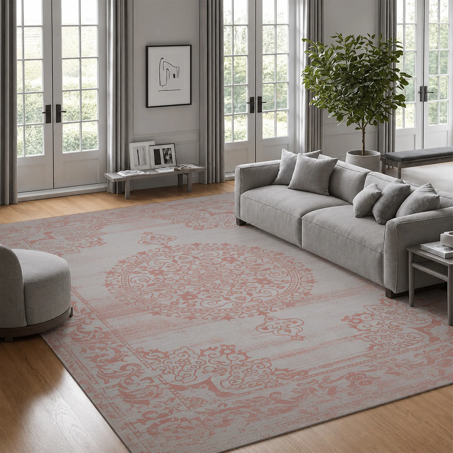 Large Indoor Area Rug, Soft Velvet Low Pile Floor Rug with Non-slip Dotted Backing, Machine Washable Vintage Blush Pink Medallion Pattern Rug for Living Room, Bedroom Distressed Boho Style Home Decor Rug