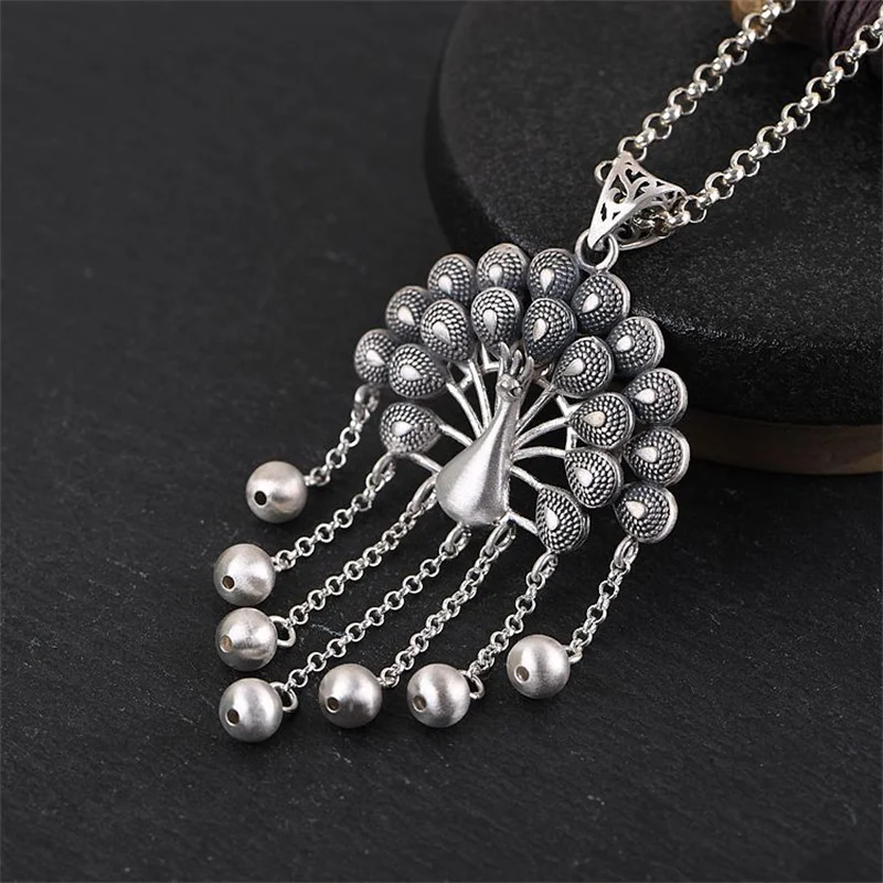 

Stunning Spreading Tail 925 Silver Peacock Pendants for Women 75MM Long Chains Balls Tassels Necklaces Vintage Ethnic NO Chain