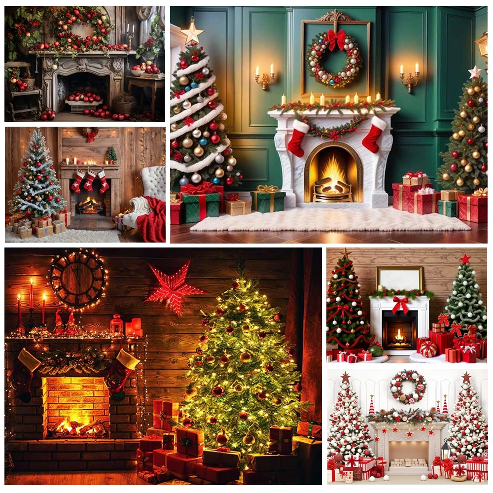 

MOON.QG Christmas Decorations Fireplace Sock Gifts Pine Tree Backgrounds For Photographs Backdrop Photozone Festival Baby Shower