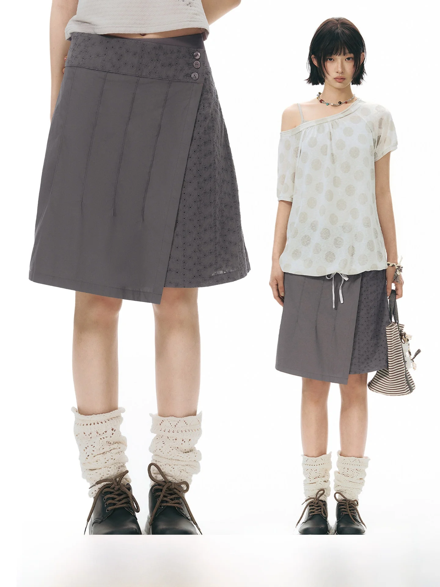 

NAPSNAPS Original Patchwork Retro Half Skirt Women's Spring Summer New Design Asymmetrical Pleated Skirt Cotton Low Waist