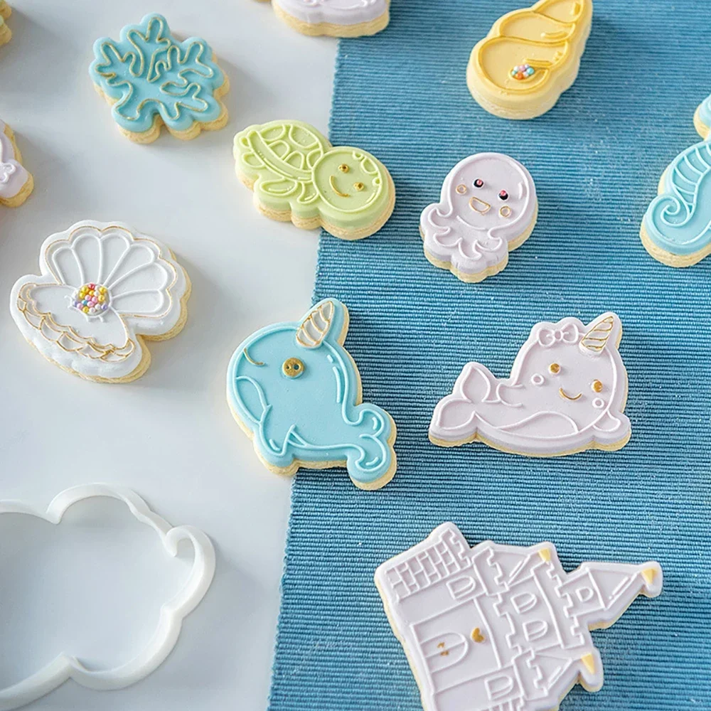 Cute Cartoon Sea Animal Mermaid Cookie Plunger Cutters Fondant Cake Mold Biscuit Sugarcraft Cake Decorating Tools Cookie Stamp