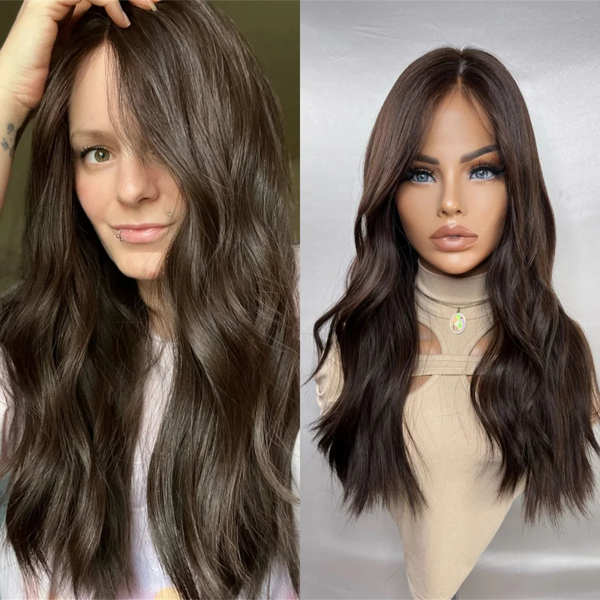 Good Quality Synthetic Wigs Ombre Chocolate Brown HD Lace Wig Soft Natural Wave Human Hair Synthetic Blended Fiber Glueless Wig