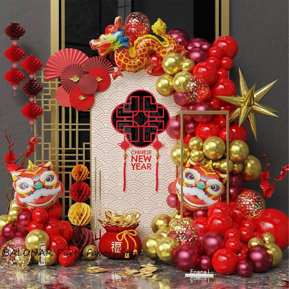 

97PCS Chinese New Year Balloon Garland Set Lion Dragon Foil Balloon Red Gold Eve Decoration Spring Festival Party Supplies 2025