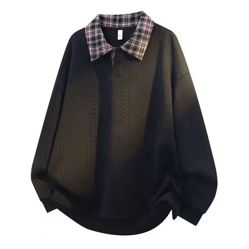 2025 ربيع الخريف قطعتين قميص طوق هوديي العصرية عادية فضفاض بسيط بلون الجاكار الرجال قميص بولو بكم طويل #3