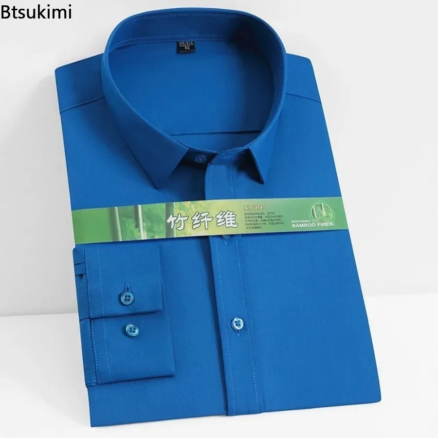 High-quality Men's Business Casual Dress Shirts 2024 Solid Slim Formal Clothing for Men Breathable Bamboo Fiber Easy Care Shirts