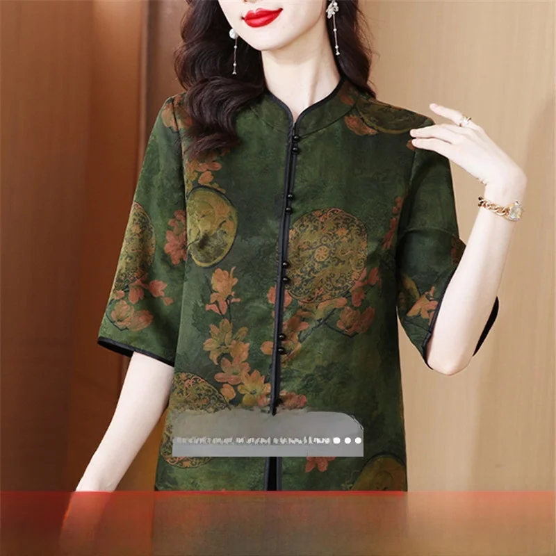 

New Chinese Sle Silk irt Women's Summer Faion Xiangyun Silk Tang Suit Top mid Sve National Sle High End S...