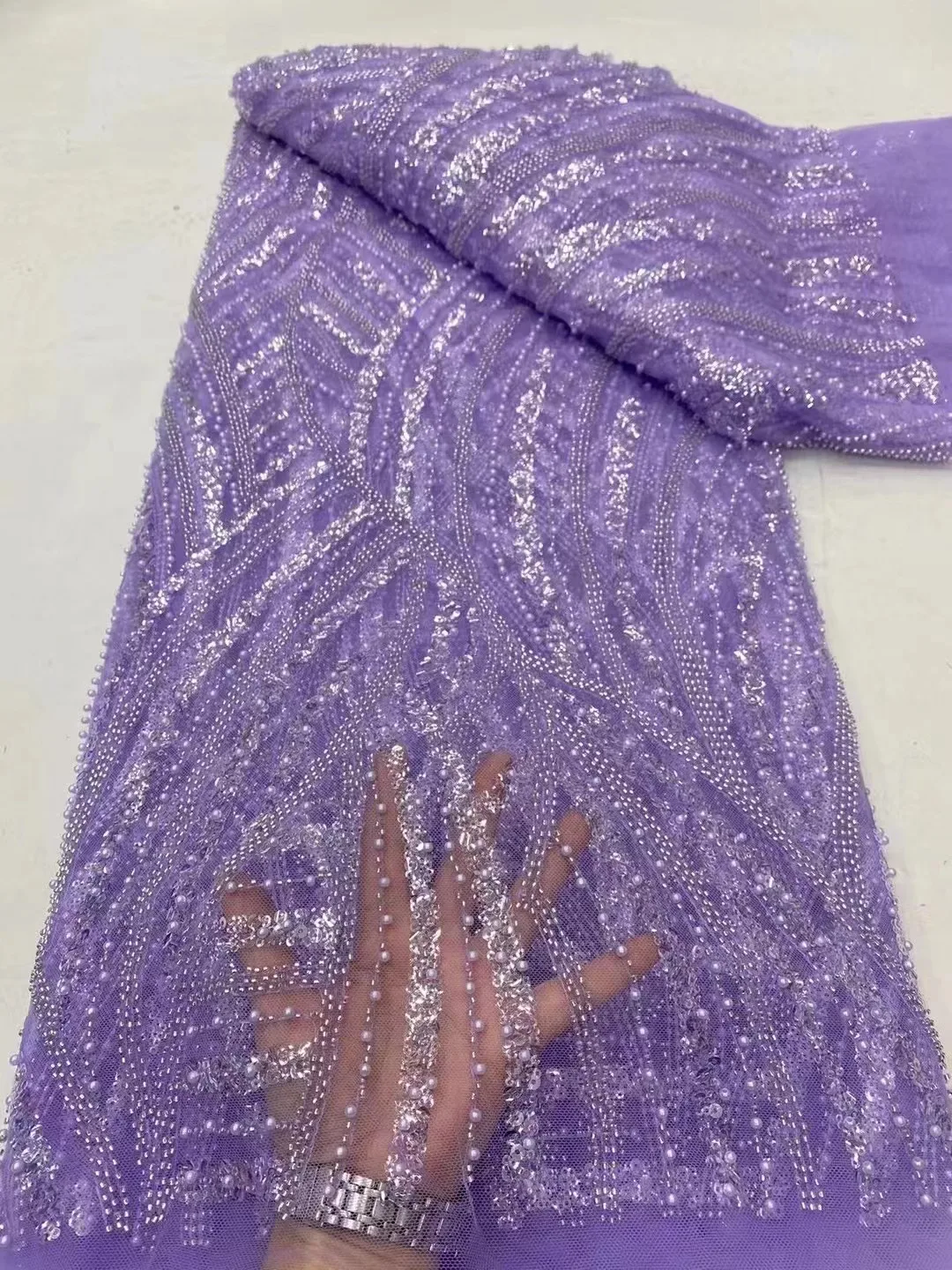 

French Sequins Wedding Tulle Lace Fabric Orange High Quality African Nigerian Beads Net Mesh Fabric For Evening Party