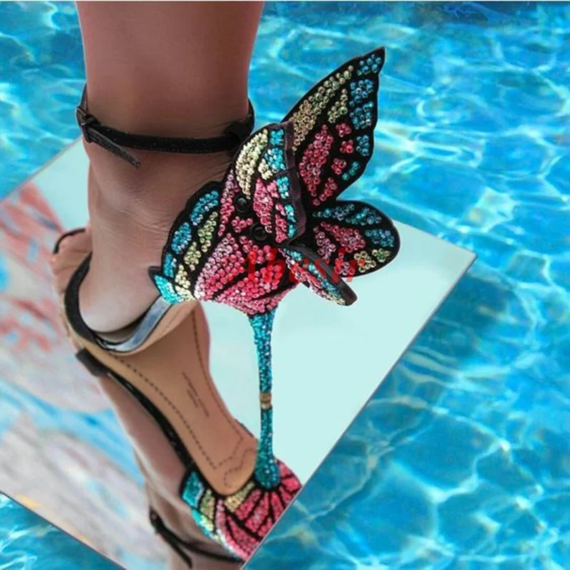 Crystal Shiny Buckle Pointed Sandals Angel Butterfly Wings 2022 Summer Open Cover Sexy Nightclub High Heels Ladies Shoes