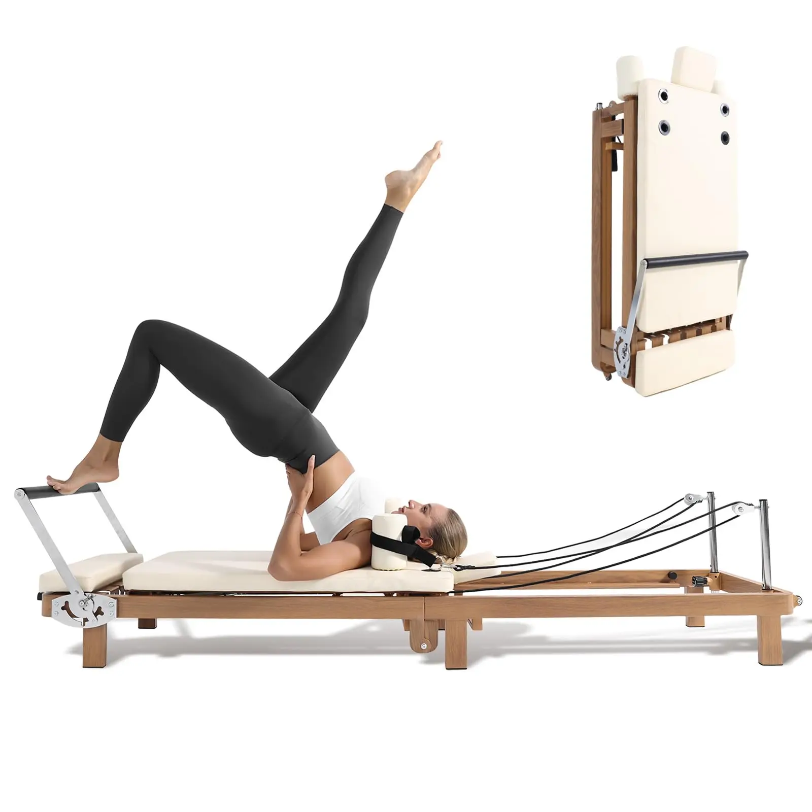 Foldable Pilates Reformer –90% Pre-Assembled Home Gym Women Men Workouts Bundle, Wood Grain Metal Frame，Dual Resistance