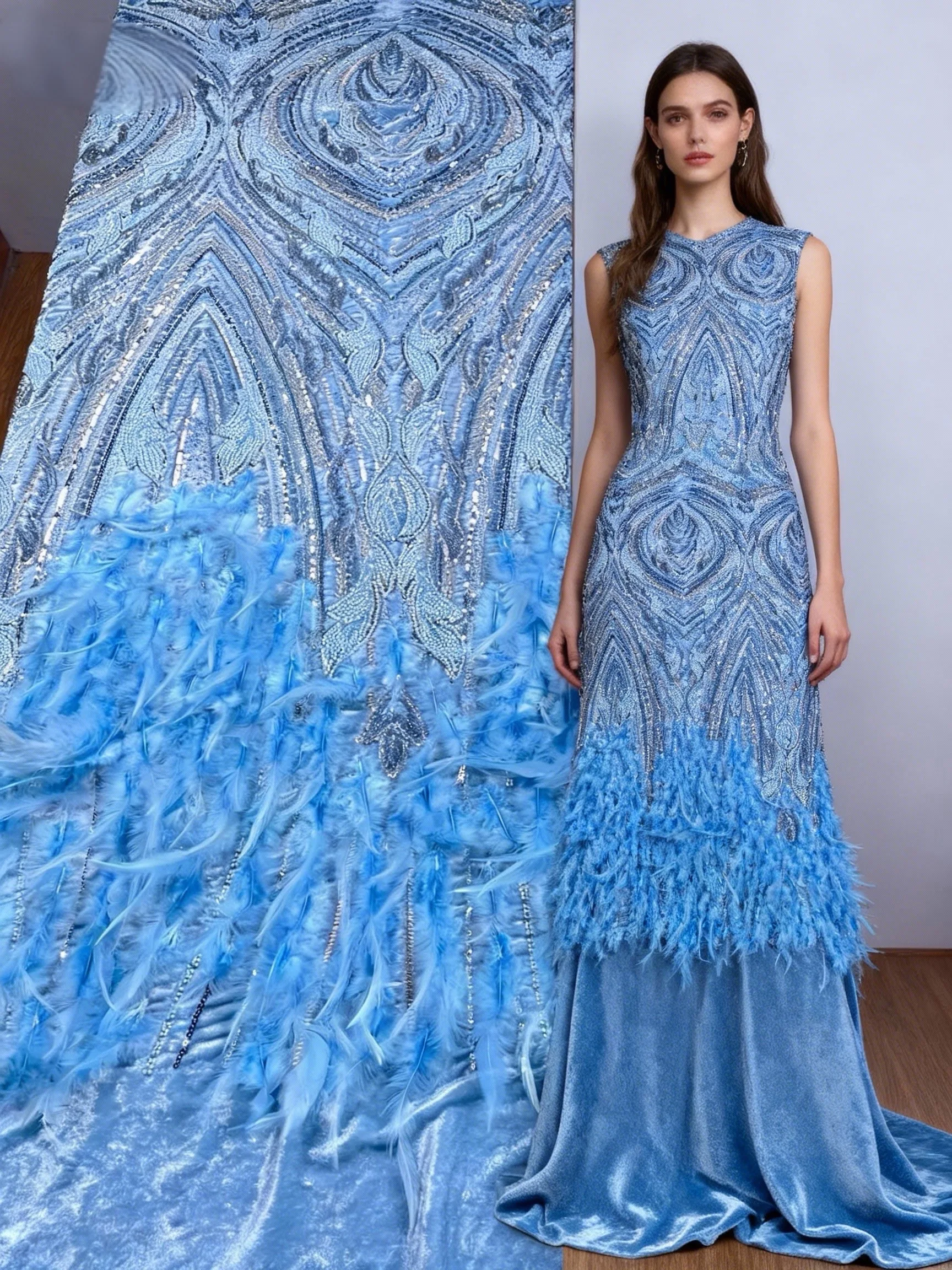 

luxurious African 3D Feather Lace Embroidery 2025 High Quality French Nigerian Beaded Sequin Lace Fabric Women's Wedding Dresses