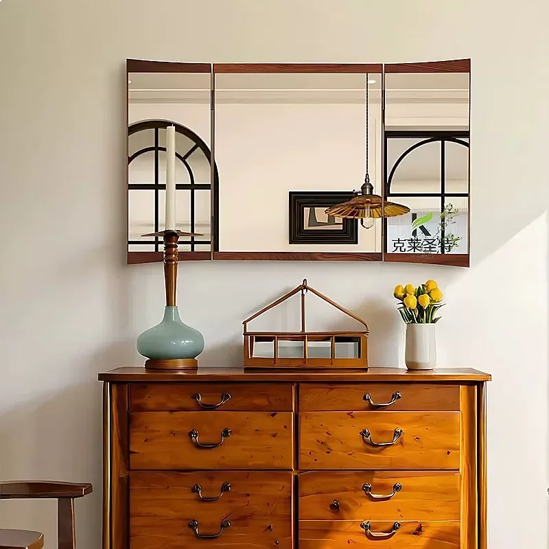 N80 Vintage French Triple Folding Wall Mirror, Retro Vanity Desk Makeup Mirror, Hanging Decorative Entryway Mirror