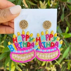 Vedwas Bohemian Handmade Beaded Cake Dangle Earrings,Cute HAPPY BIRTHDAY Letter Celebrate Birthday Party Women Accessories