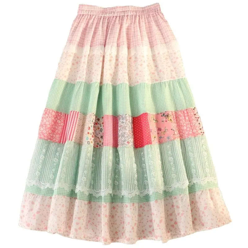 

Mori Girl Style Vintage Floral Patchwork Long Skirts for Women Sweet High Waist A-Line Loose Aesthetic Skirt Vacation Sundress