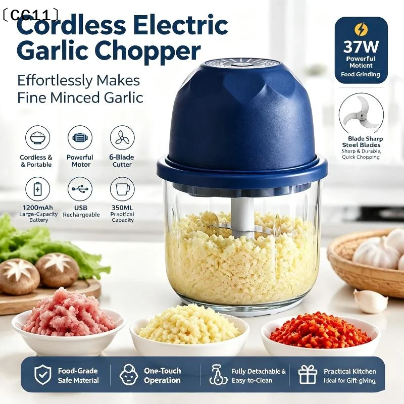Wireless Electric Garlic Chopper 2 Stainless Steel Blades 250ml Glass Container For Home  Mincing Garlic Veggies Spices〔CC11〕