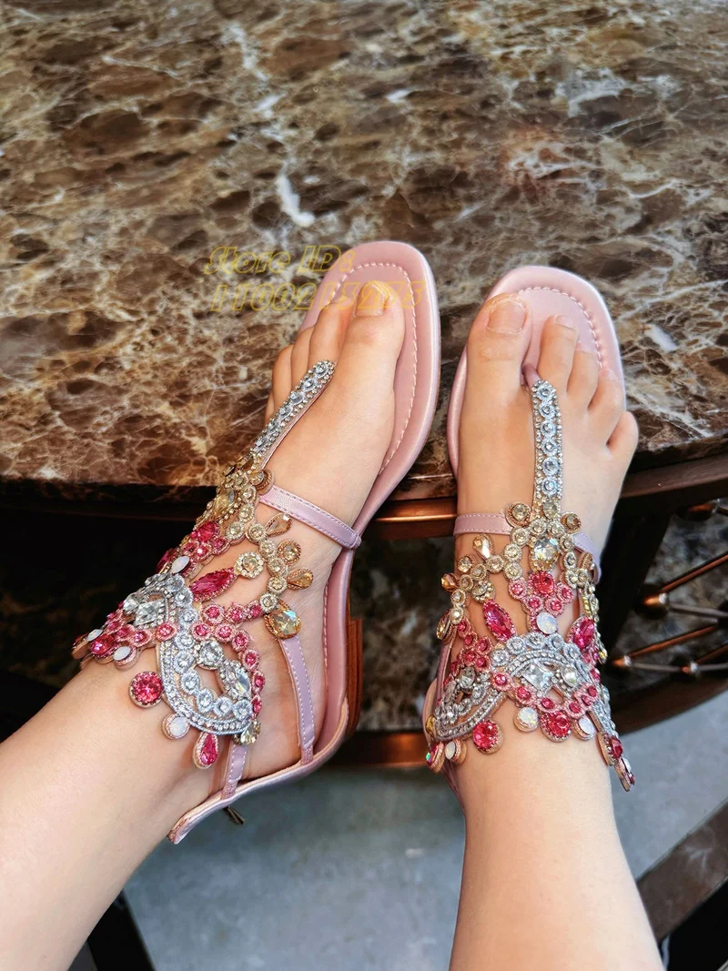 

Pink Crystal Flip Flop Sandals Open Toe Middle Block Heel Back Zipper Real Picture Handmade Fashion 2026 Summer Women Dress Shoe