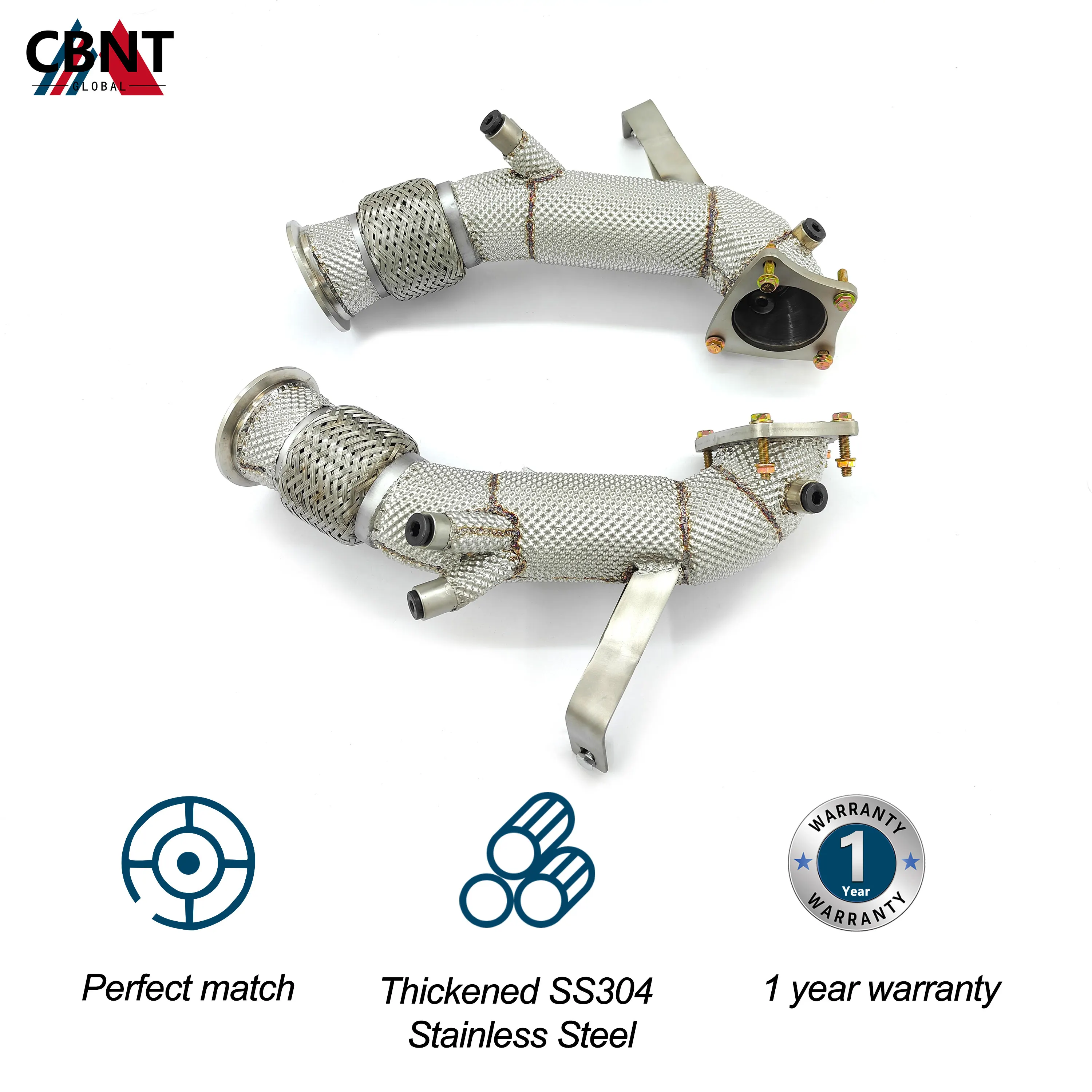 الأنابيب الأمامية CBNT لأودي R8 V10 5.2L جودة عالية SS304 تدفق حر الأنابيب الثانوية ماسورة العادم النازل مع درع الحرارة