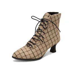Women Boots 2025 Autumn Winter Suede Pointed Toe Plaid Shoes Women Lace Up Ladies Pumps Custom Chunky Heels Ankle Boots WSH4723