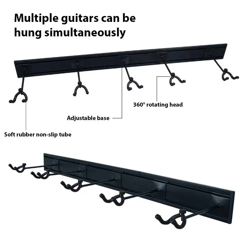 Guitar Rack for Multiple Guitars Wall Mount Hanger Holds 5 Guitars Aluminum Alloy Adjustable Hook Position Slatwall Rail Stand