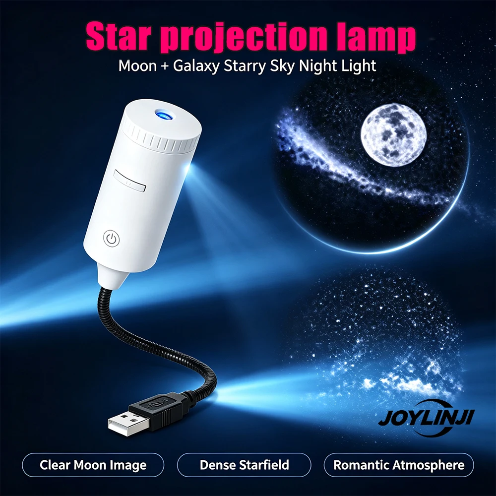 Starry Sky USB Projector Night Light Romantic Galaxy LED Moon Lamp Plug Play Multi Pattern Living Room Car Bedroom Decor
