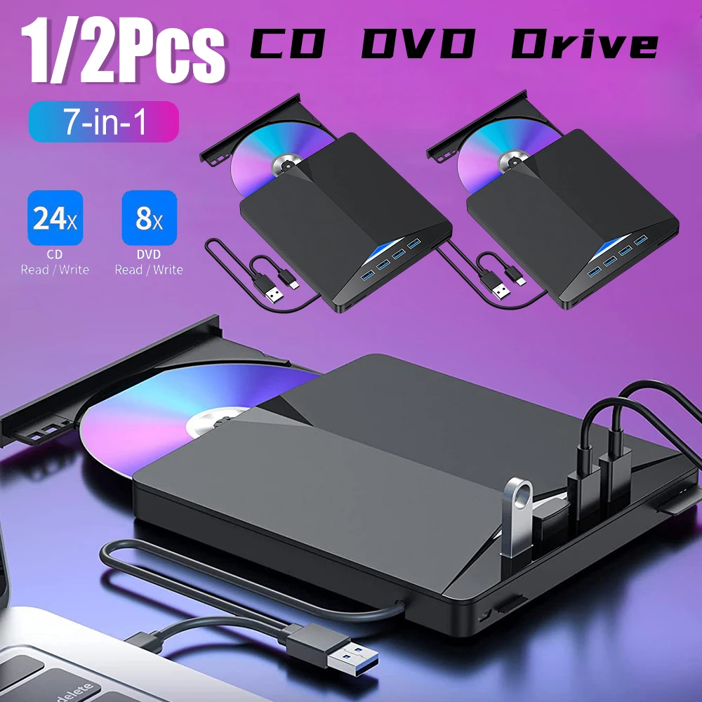 

1/2PCS 7-in-1 CD DVD Drive Portable USB External Optical Disks Drives DVD/CD Disk Burner Reader Player SD/TF Card For Laptop PC