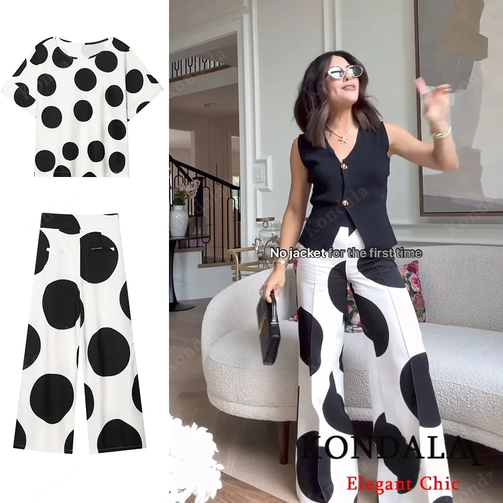 KONDALA Casual Polka Dot Hosen Set Frauen Kurzarm Oansatz Top Lange Hosen 2025, Mode Frühling Sommer Urlaub Freizeit Mujer Set