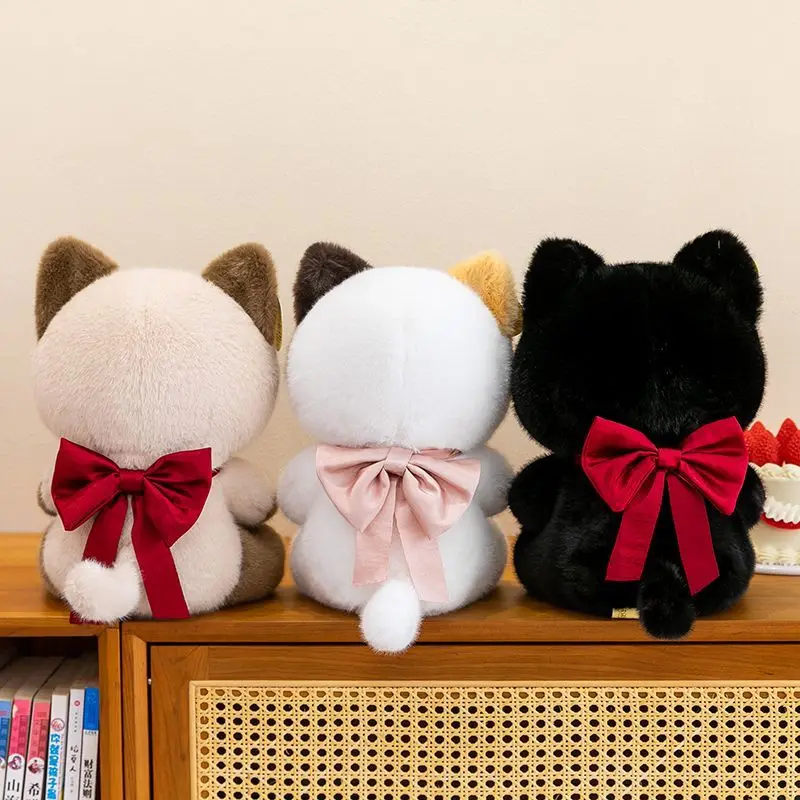 Cute Cat Plush Toy Soft Fluffy Kitten Doll with Plaid Bib Bow Tie Multiple Colors and Sizes Kawaii  Animal for Birthday Gift