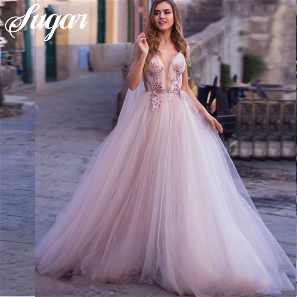 Backless V Neck Tulle Wedding Dress for Women Princess 3D Flowers Lace Applique Bridal Gown A Line Formal Party Dresses 2024