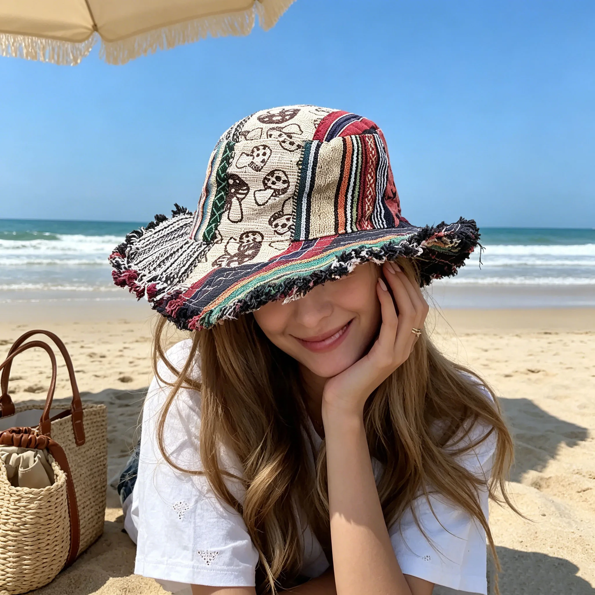 Foldable Patchwork Mushroom Print Woven Fabric Bucket Hat Hidden Pocket Wide Brim Sun Hat For Backpacking Vacation