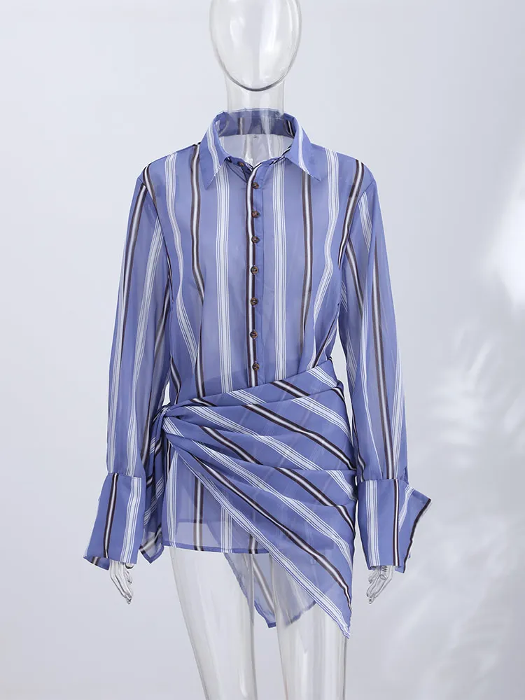Gestreiftes, durchsichtiges Revers-Langarmhemd mit Hose für Damen – Sexy Bluse mit unregelmäßigem Saum und ausgestellter Hose – Schickes Damen-Set – Detail 19