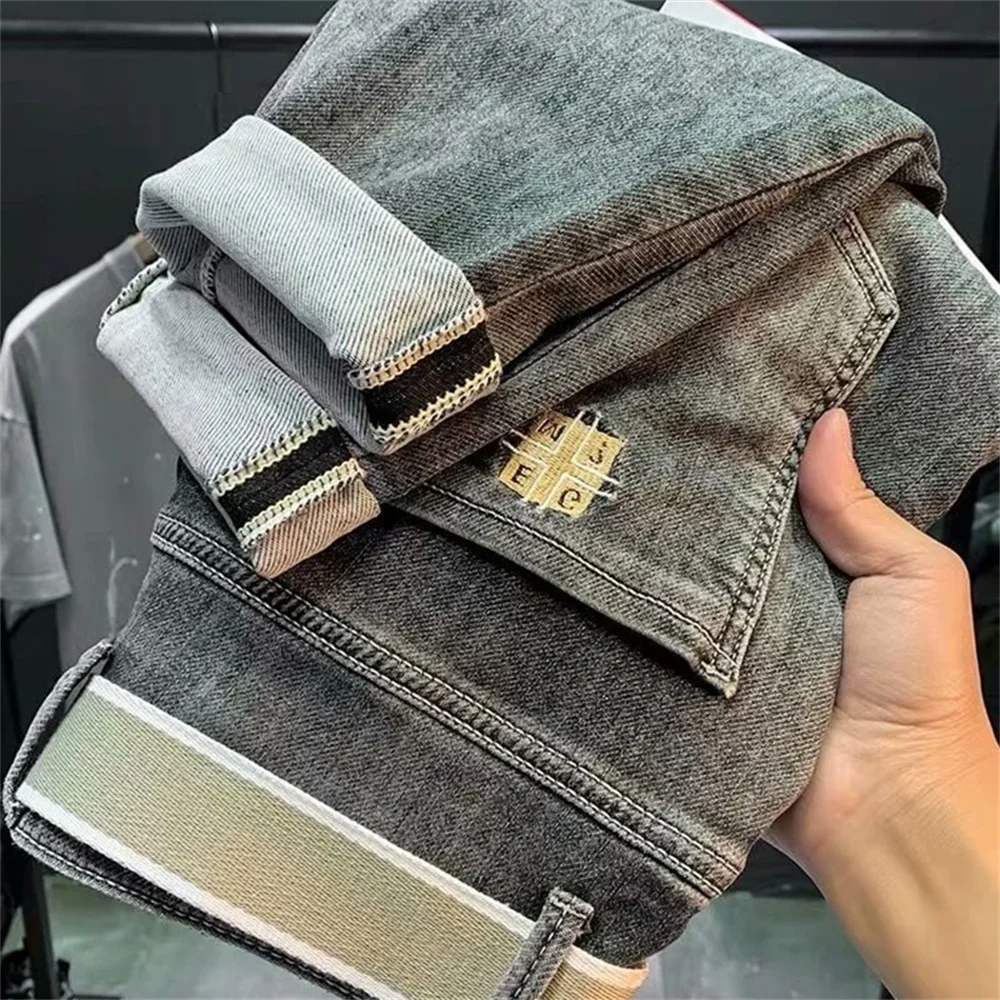 Estiramento baggy jean men 2022 primavera outono solto em linha reta vintage negócios casual calças afligidas longo denim calças masculinas